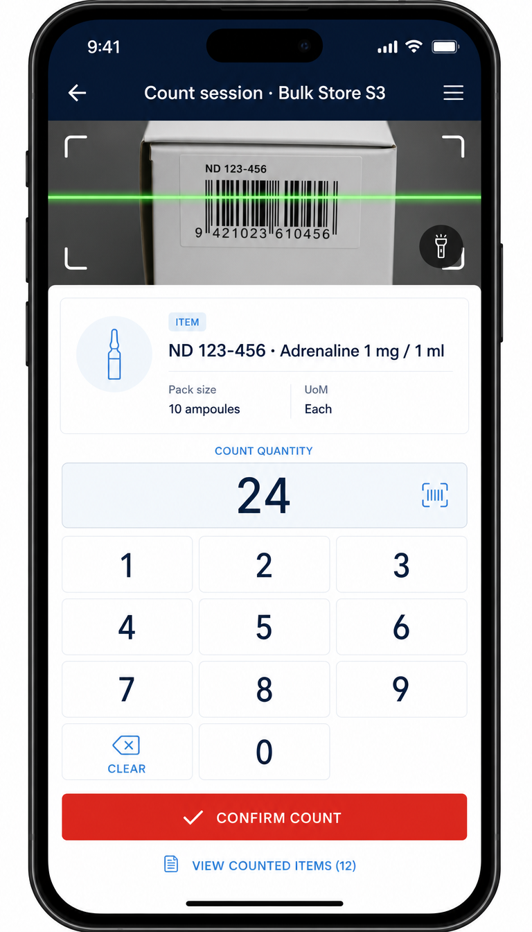 MedStock mobile count screen: camera scanning a barcode with a numeric keypad and confirm button