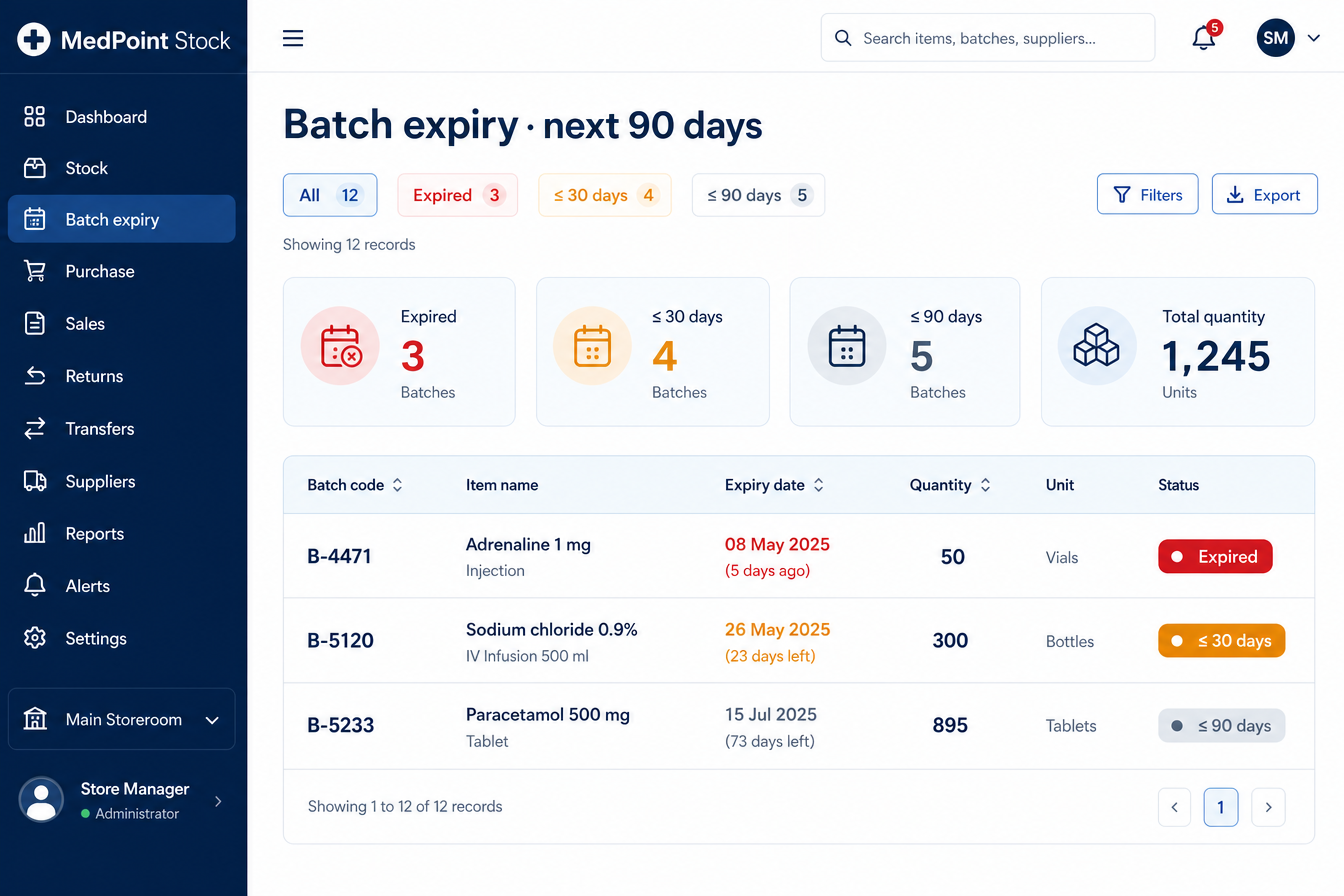 MedStock batch expiry dashboard: batches grouped by expired, 30-day and 90-day windows